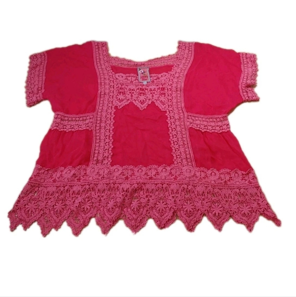 Johnny Was Boho Crochet Lace Georgette Top Woman XXL Crinkle Barbie Pink Coastal - Picture 5 of 15